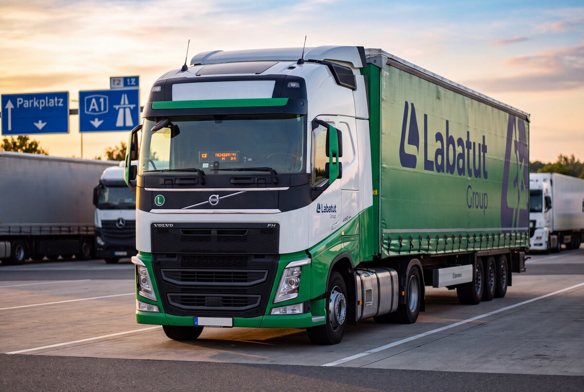 Camion Labatut Transports à une aire de repos au coucher du soleil, réglementation sociale du transport routier