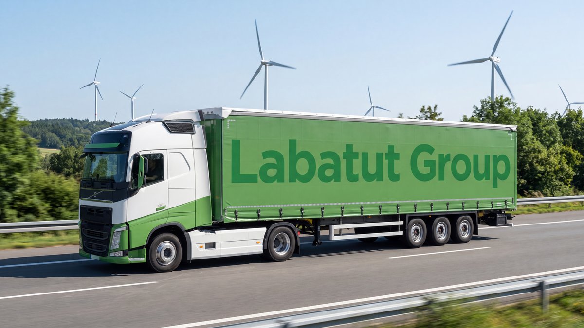 Camion Labatut Group avec logo pleine bâche sur autoroute avec éoliennes, transport éco-responsable